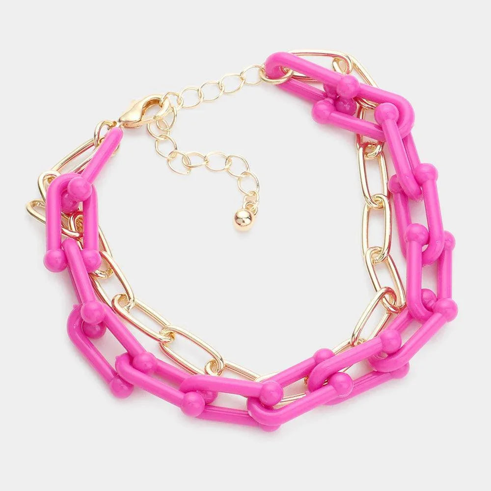 Fuchsia Open Metal Oval Resin Link Double Layered Bracelet - Jewelry Store by Erik Rayo
