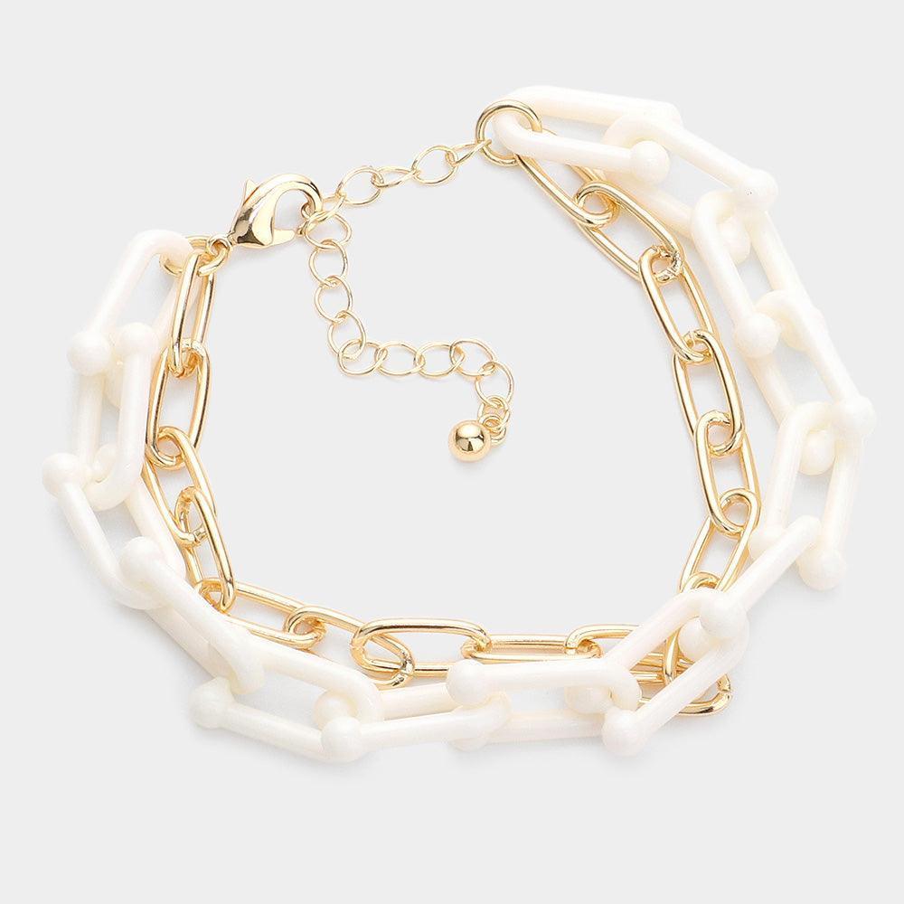 White Open Metal Oval Resin Link Double Layered Bracelet - Jewelry Store by Erik Rayo