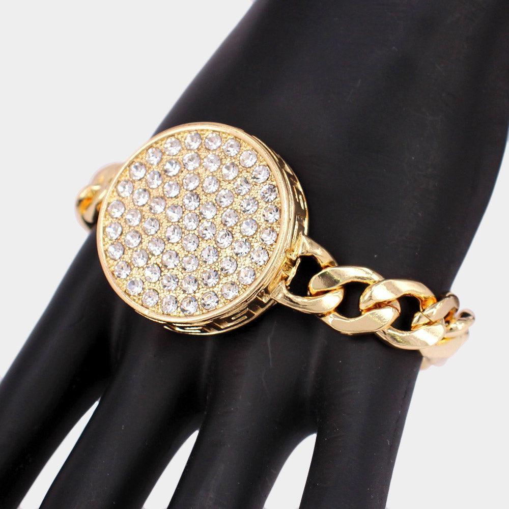 Gold Rhinestone Embellished Circle Pendant Metal Link Bracelet - Jewelry Store by Erik Rayo