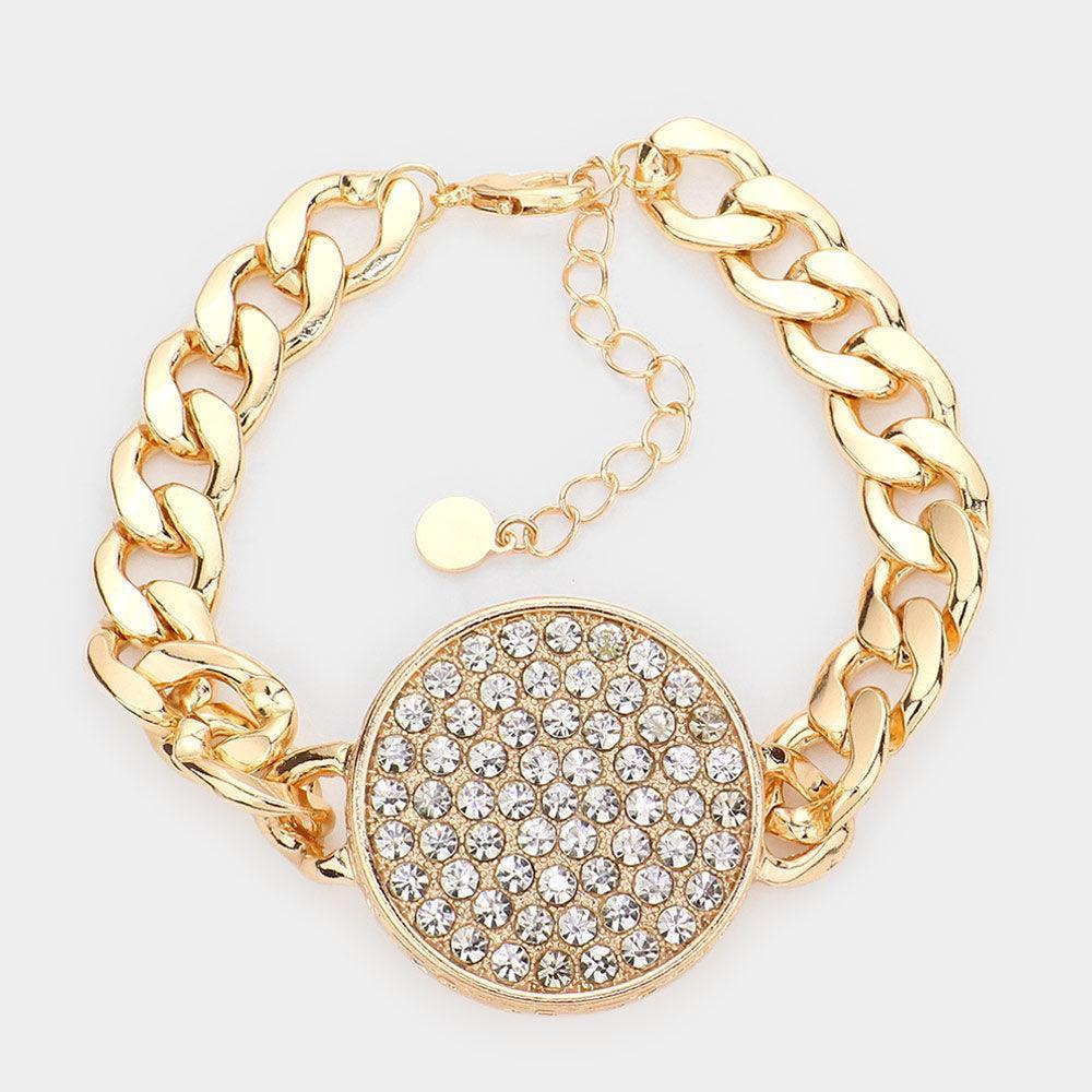 Gold Rhinestone Embellished Circle Pendant Metal Link Bracelet - Jewelry Store by Erik Rayo