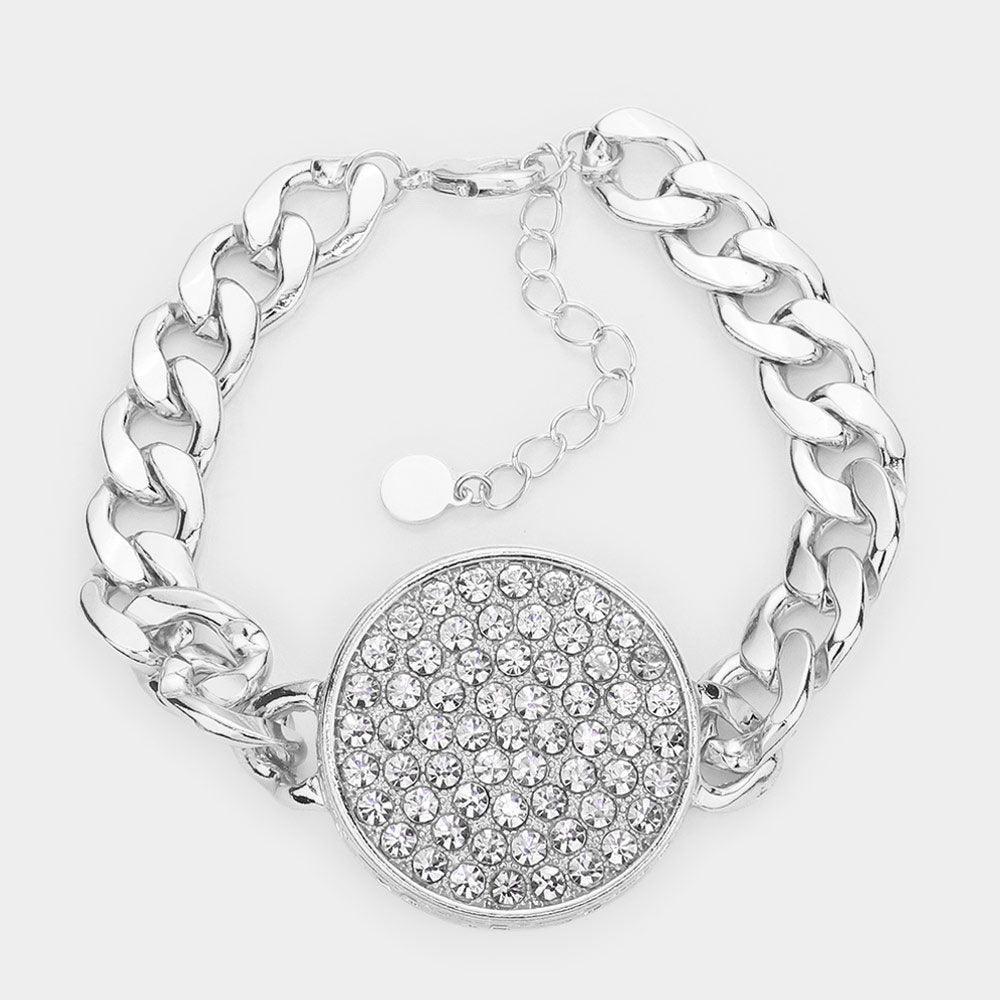 Rhinestone Embellished Circle Pendant Metal Link Bracelet - Jewelry Store by Erik Rayo