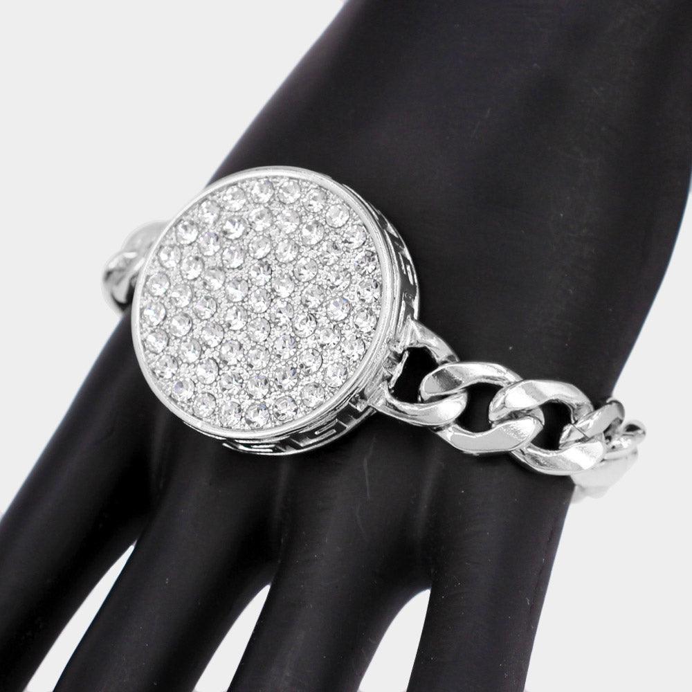Rhinestone Embellished Circle Pendant Metal Link Bracelet - Jewelry Store by Erik Rayo