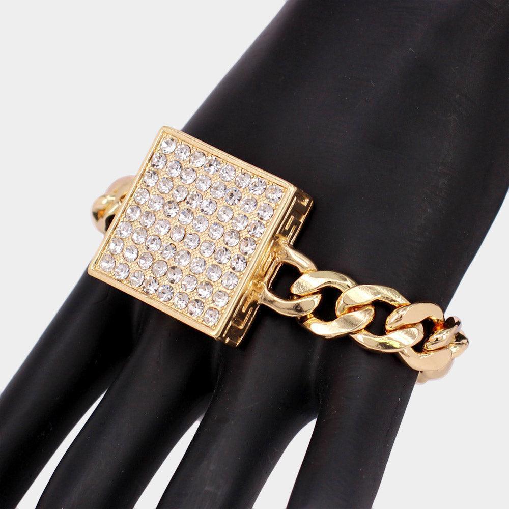 Gold Rhinestone Embellished Square Pendant Metal Link Bracelet - Jewelry Store by Erik Rayo