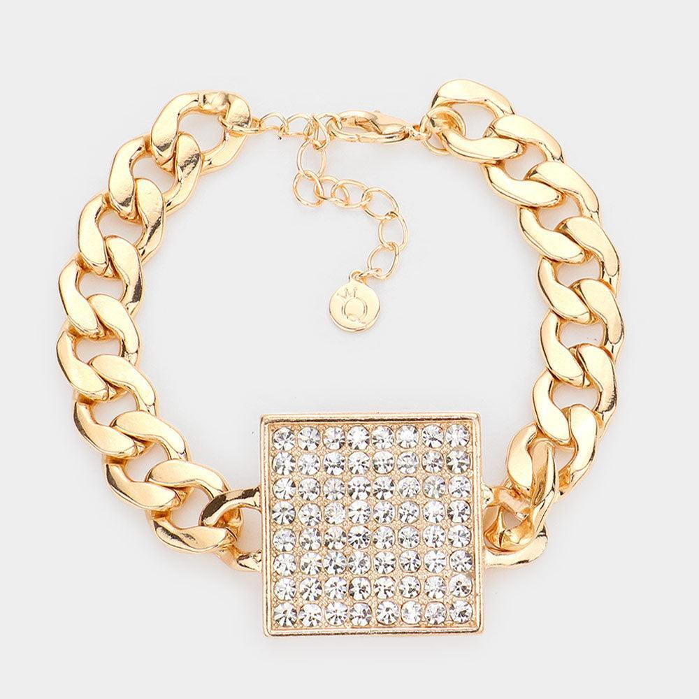 Gold Rhinestone Embellished Square Pendant Metal Link Bracelet - Jewelry Store by Erik Rayo