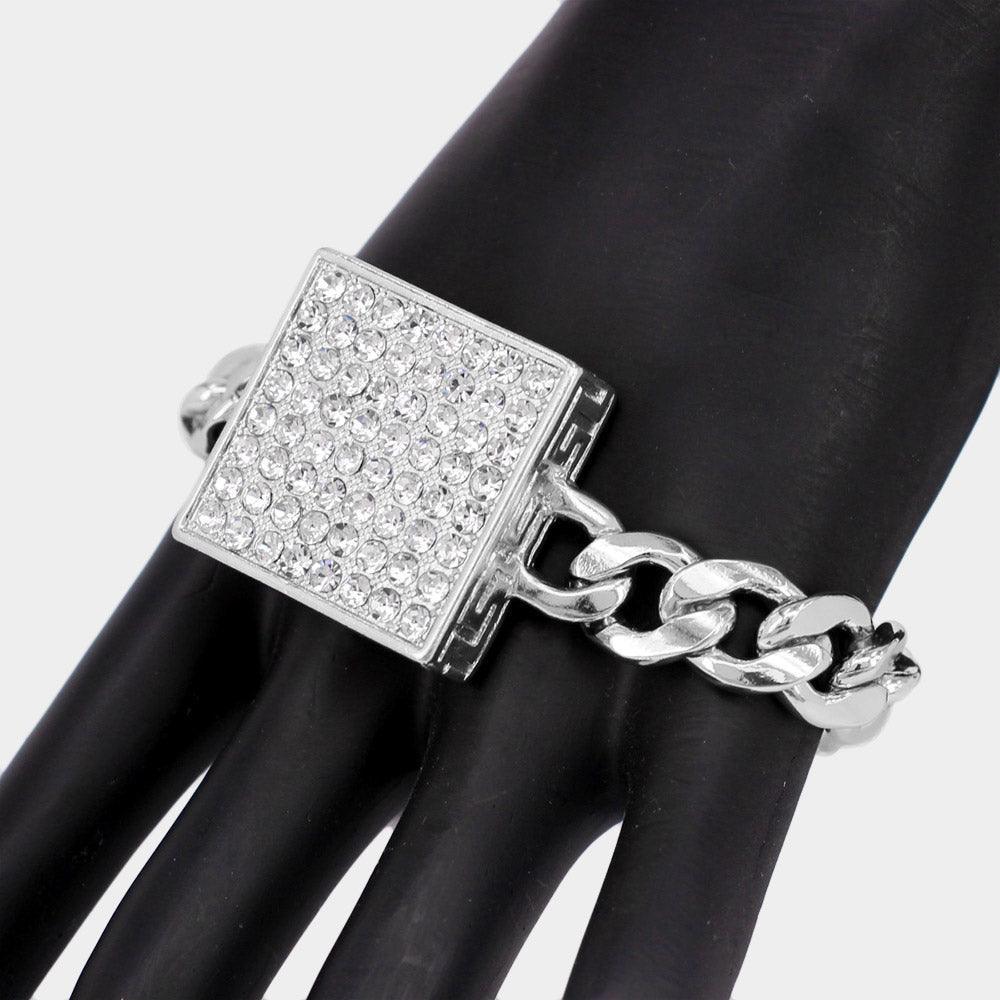 Rhinestone Embellished Square Pendant Metal Link Bracelet - Jewelry Store by Erik Rayo