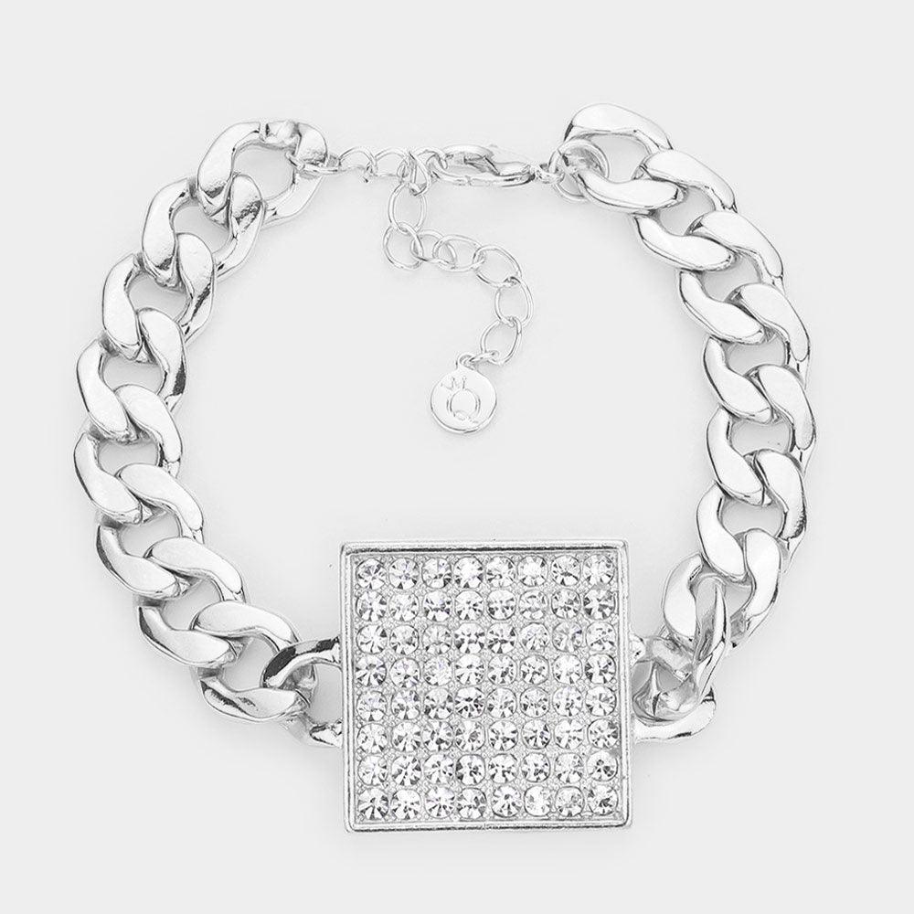 Rhinestone Embellished Square Pendant Metal Link Bracelet