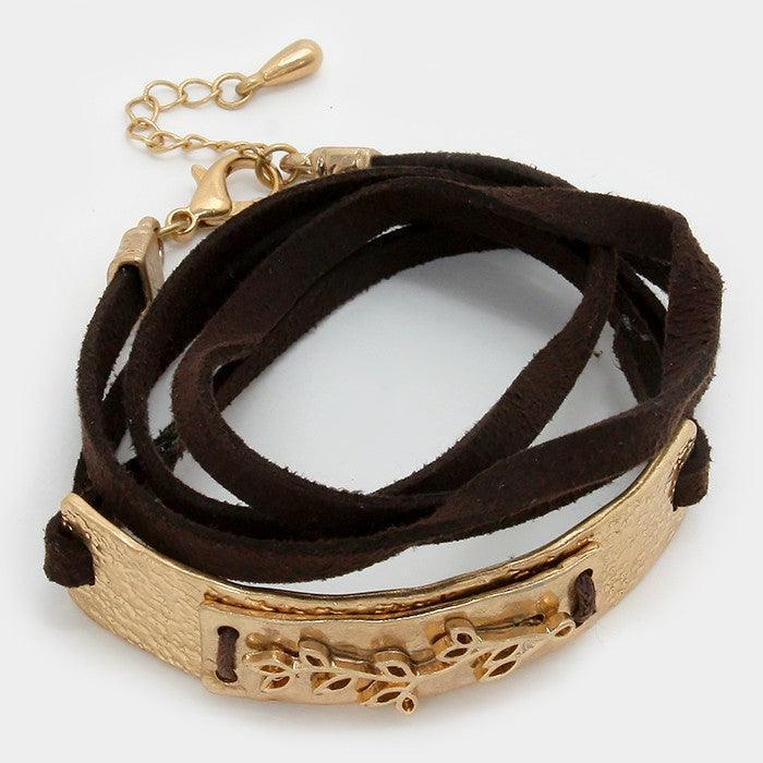 Gold Leaf Twig Metal Suede Wrap Bracelet - Jewelry Store by Erik Rayo