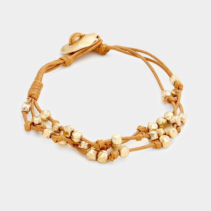 Gold Knotted Cord Metal Cube Bead Bracelet