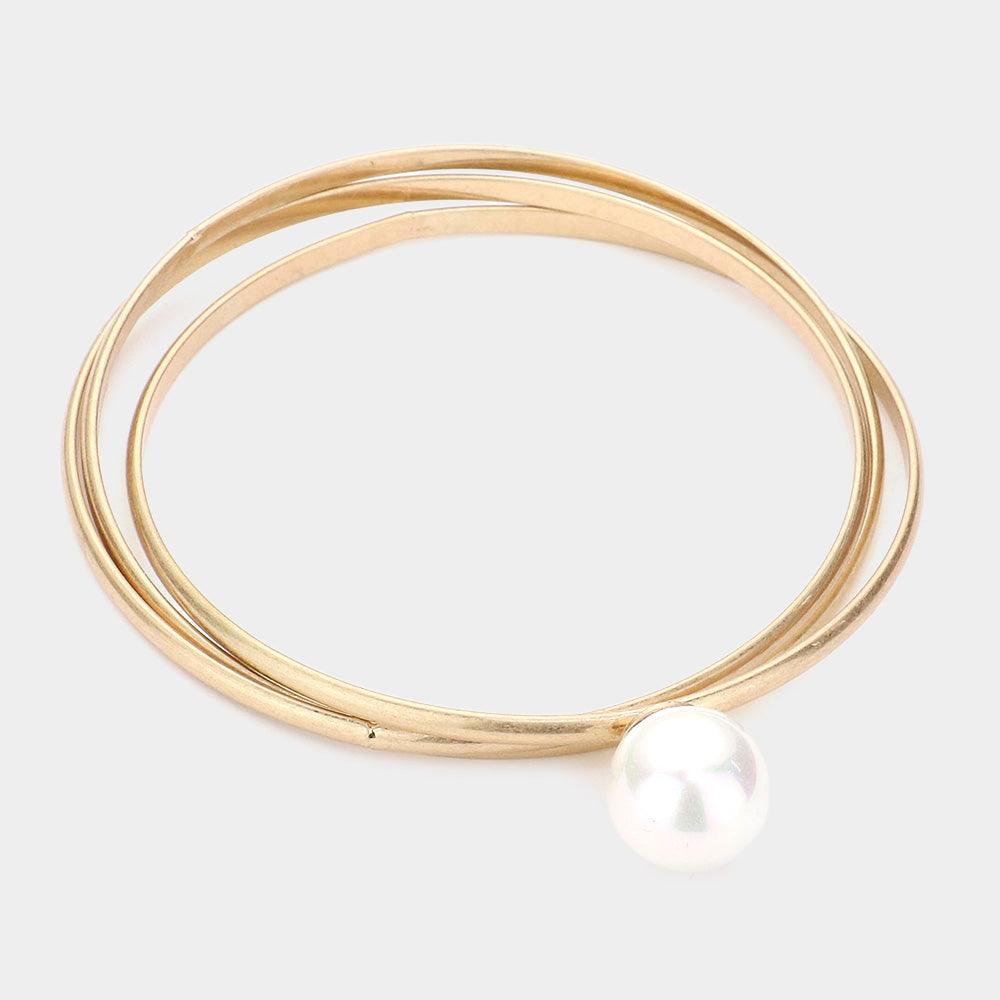 Gold Pearl Accented Metal Bangle Bracelet