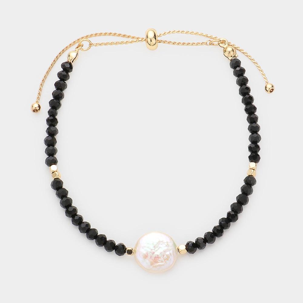 Black Freshwater Pearl Accented Faceted Pull Tie Cinch Beaded Bracelet