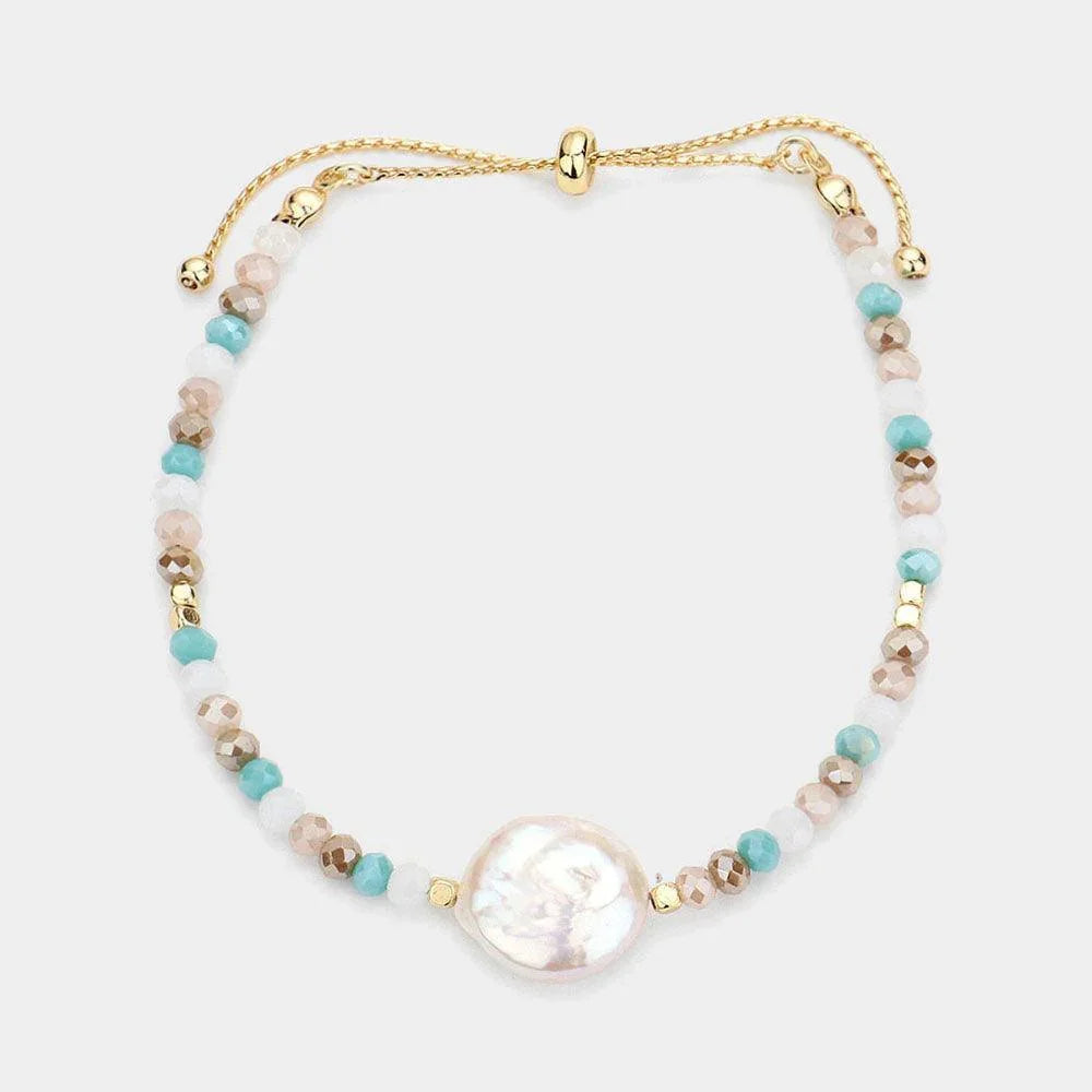 Freshwater Pearl Accented Faceted Beaded Pull Tie Cinch Bracelet - Jewelry Store by Erik Rayo