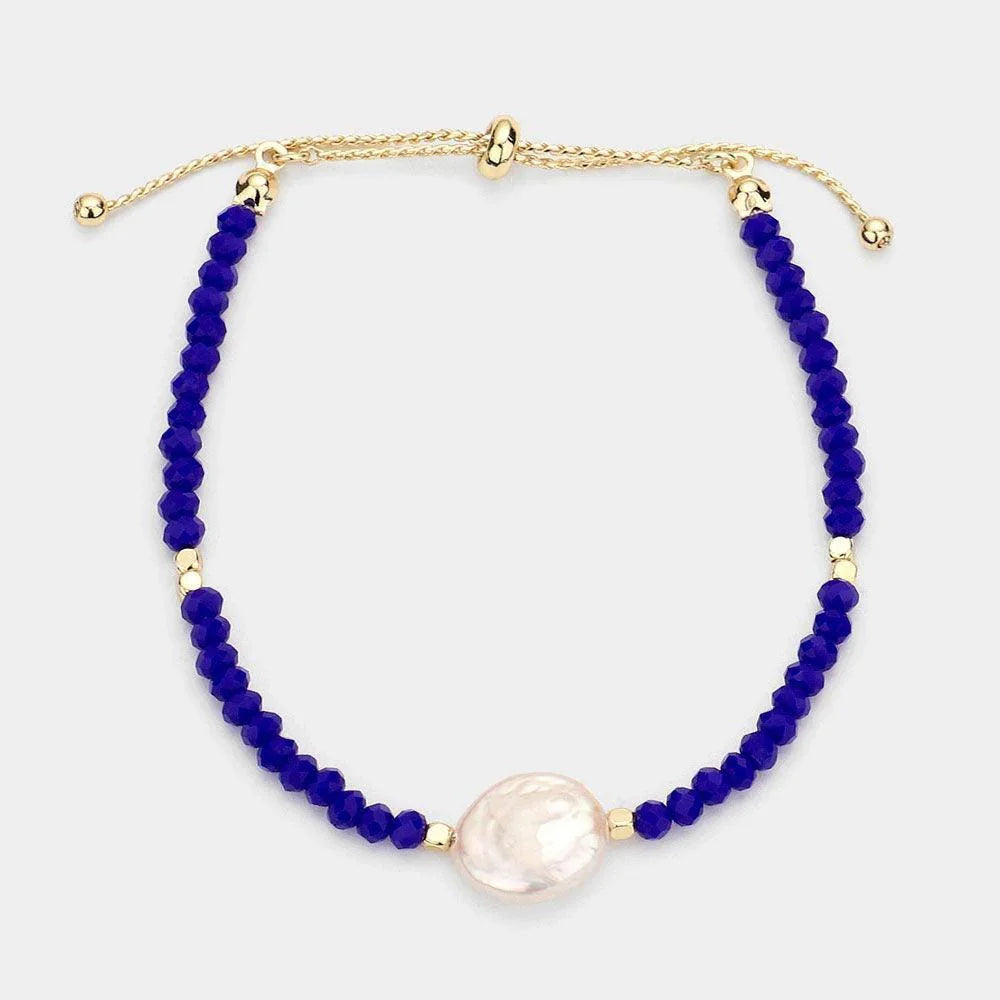 Blue Freshwater Pearl Accented Faceted Beaded Pull Tie Cinch Bracelet - Jewelry Store by Erik Rayo