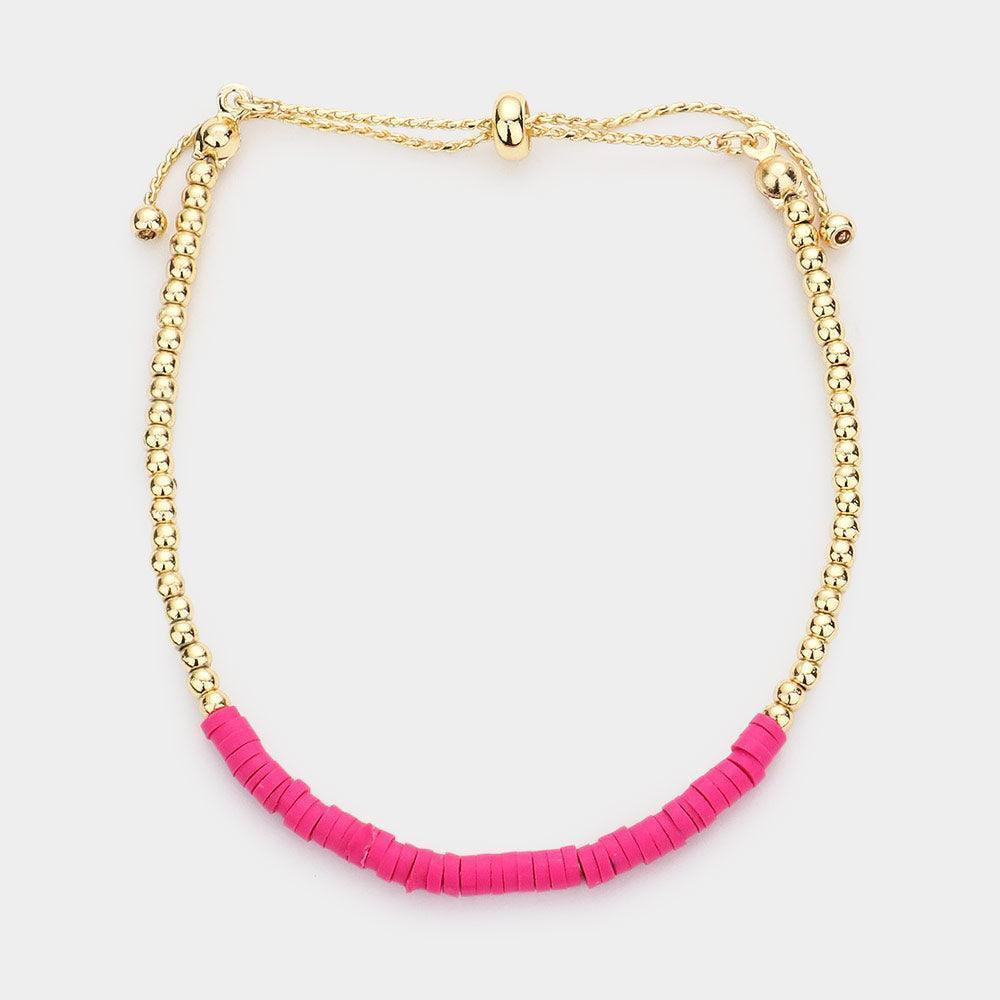 Fuchsia Heishe Beaded Metal Ball Pull Tie Cinch Bracelet - Jewelry Store by Erik Rayo