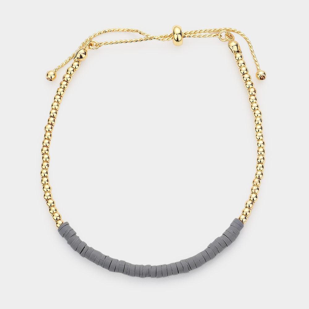 Gray Heishe Beaded Metal Ball Pull Tie Cinch Bracelet - Jewelry Store by Erik Rayo