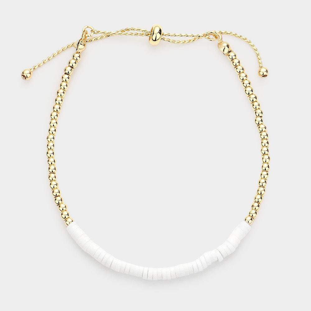 White Heishe Beaded Metal Ball Pull Tie Cinch Bracelet - Jewelry Store by Erik Rayo