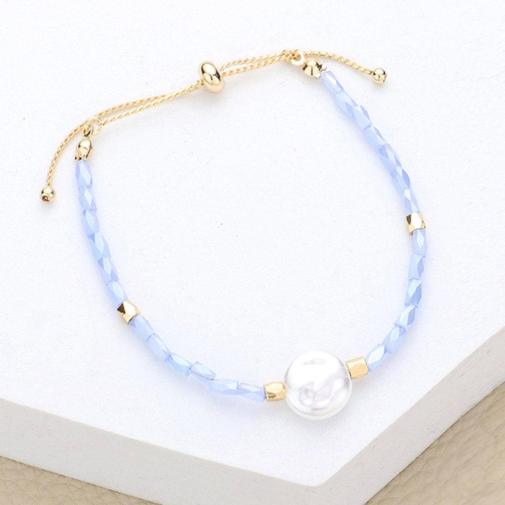 Blue Pearl Accented Beaded Pull Tie Cinch Bracelet