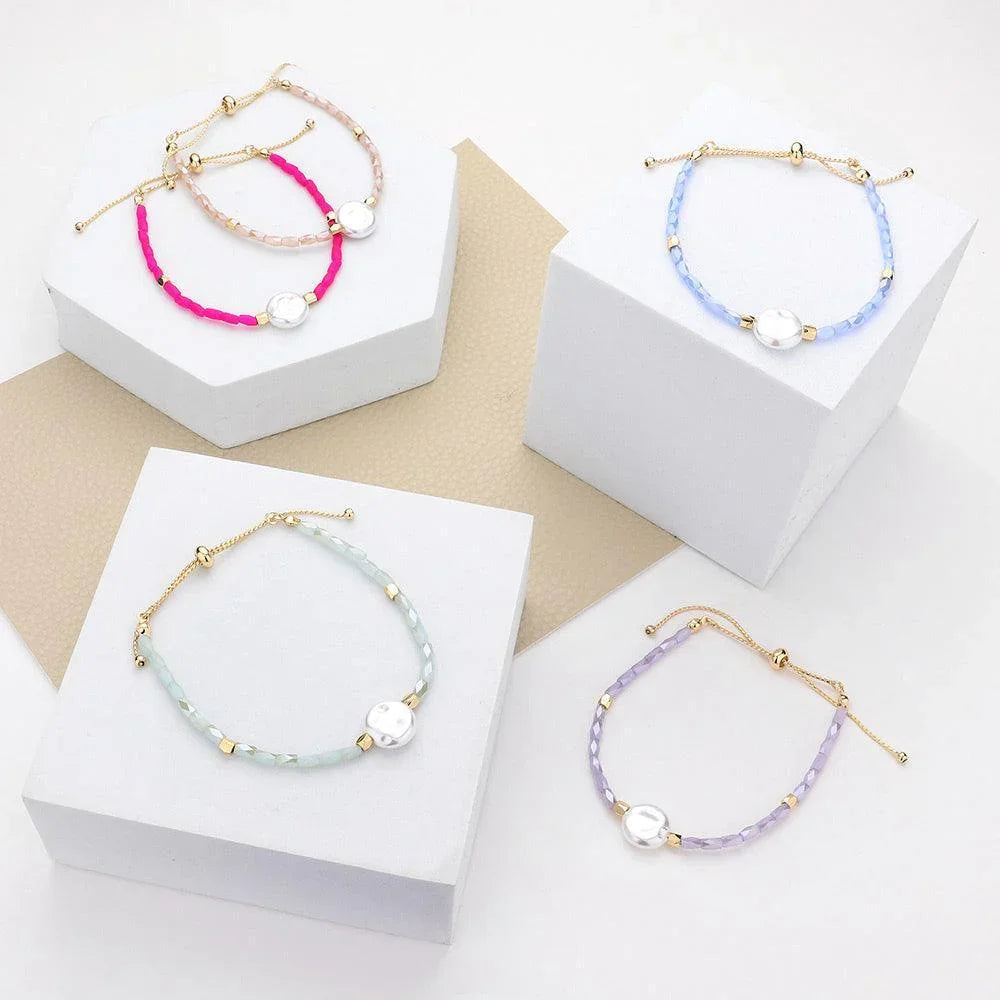 Blue Pearl Accented Beaded Pull Tie Cinch Bracelet - Jewelry Store by Erik Rayo