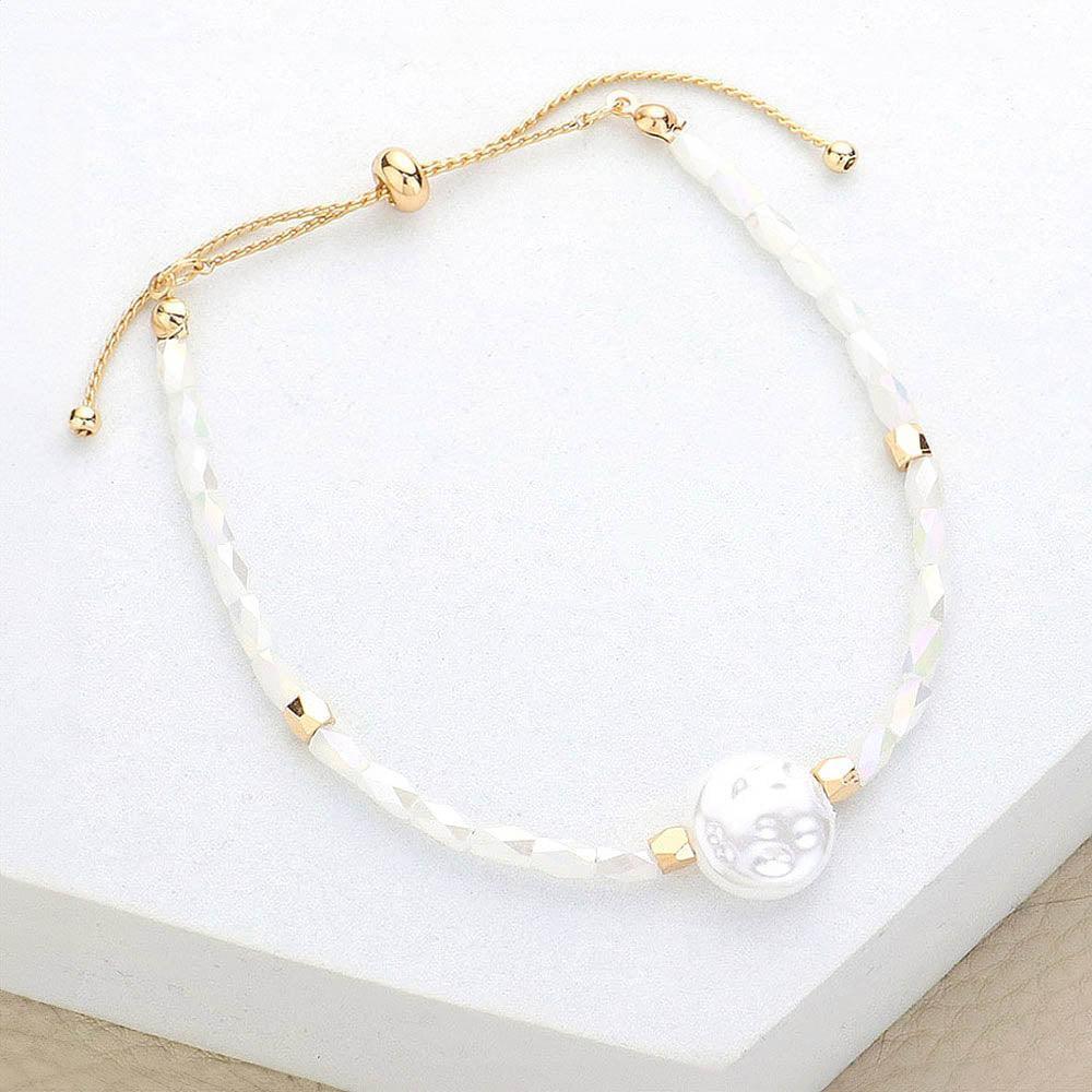 White Pearl Accented Beaded Pull Tie Cinch Bracelet - Jewelry Store by Erik Rayo