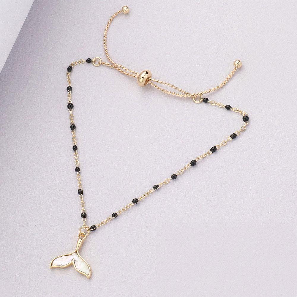 Black Mother Of Pearl Whale Tail Charm Beads Station Pull Tie Cinch Bracelet - Jewelry Store by Erik Rayo