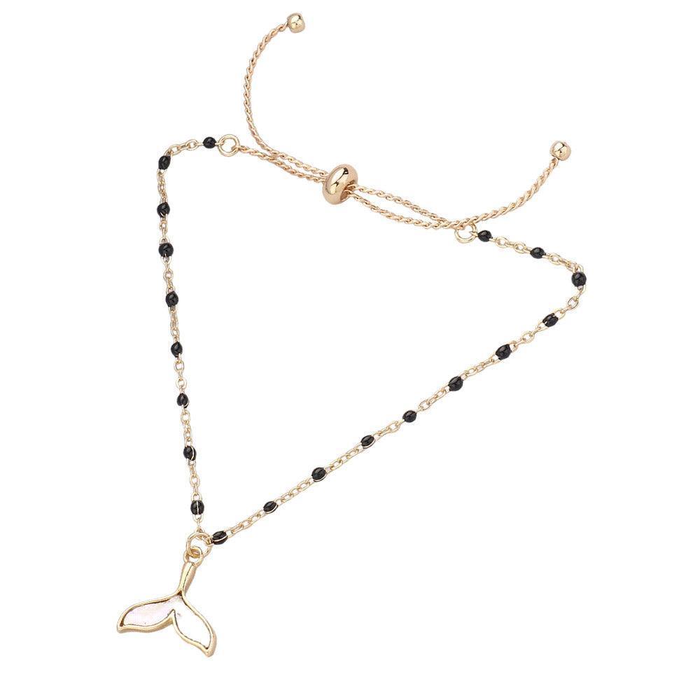 Black Mother Of Pearl Whale Tail Charm Beads Station Pull Tie Cinch Bracelet - Jewelry Store by Erik Rayo