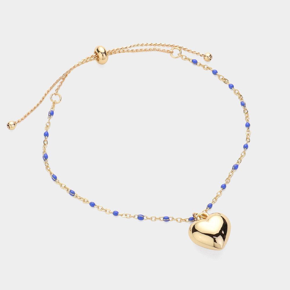 Blue Metal Heart Charm Beads Station Pull Tie Cinch Bracelet - Jewelry Store by Erik Rayo