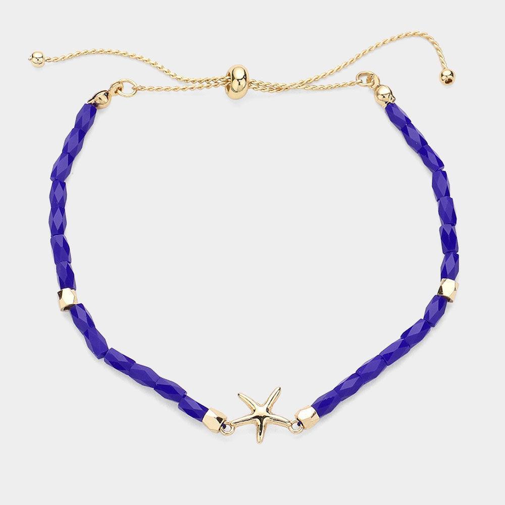 Blue Metal Starfish Pointed Faceted Beaded Pull Tie Cinch Bracelet - Jewelry Store by Erik Rayo