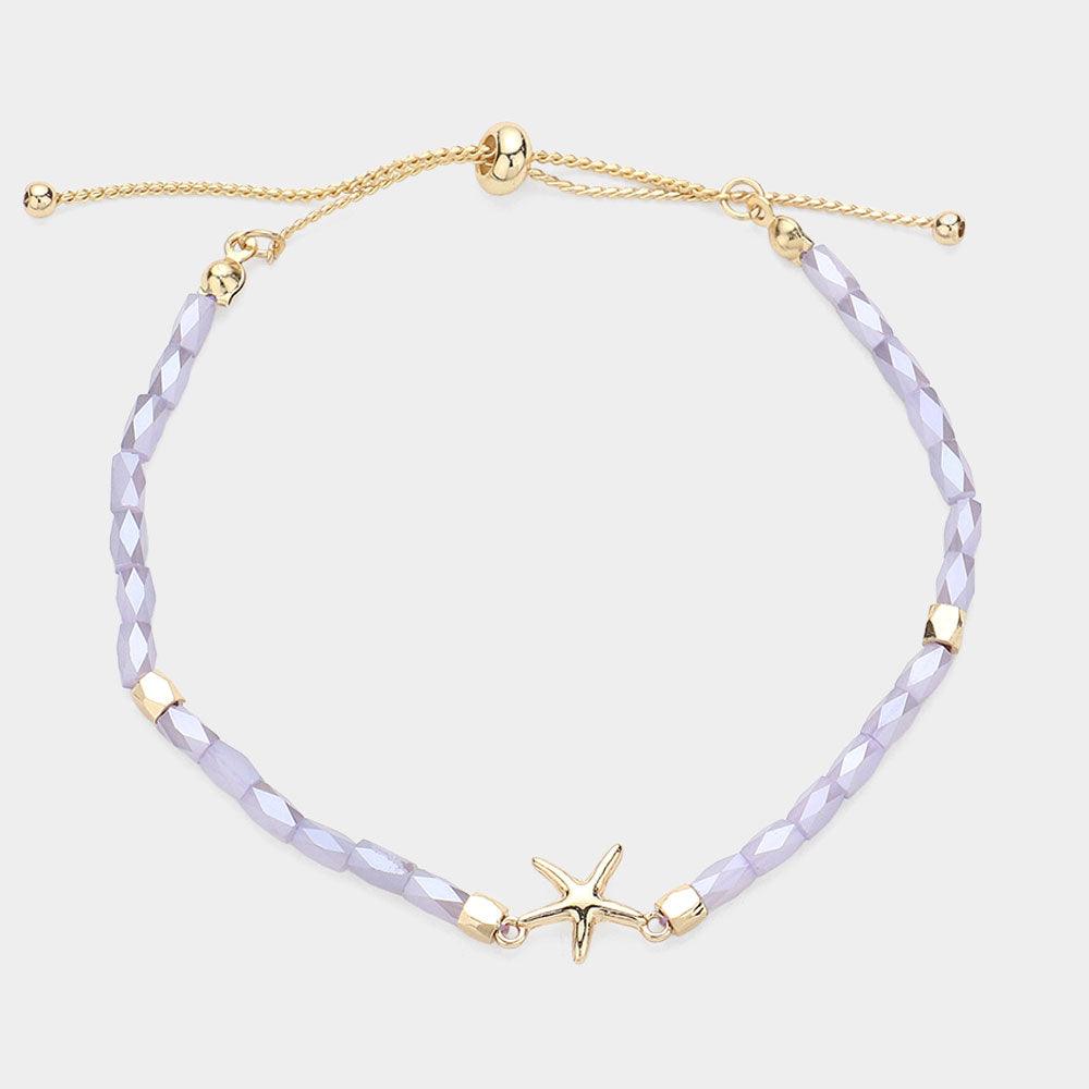Lavender Metal Starfish Pointed Faceted Beaded Pull Tie Cinch Bracelet