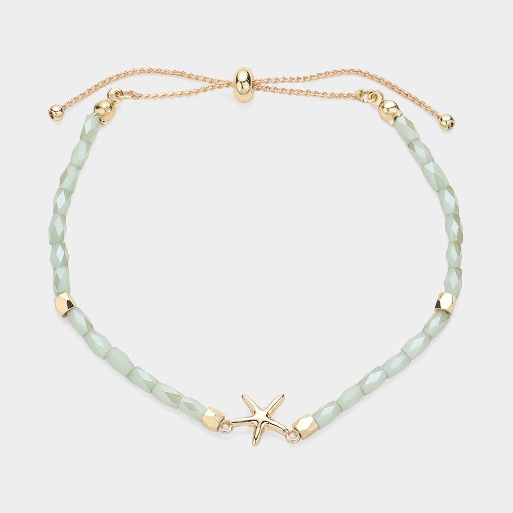 Metal Starfish Pointed Faceted Beaded Pull Tie Cinch Bracelet