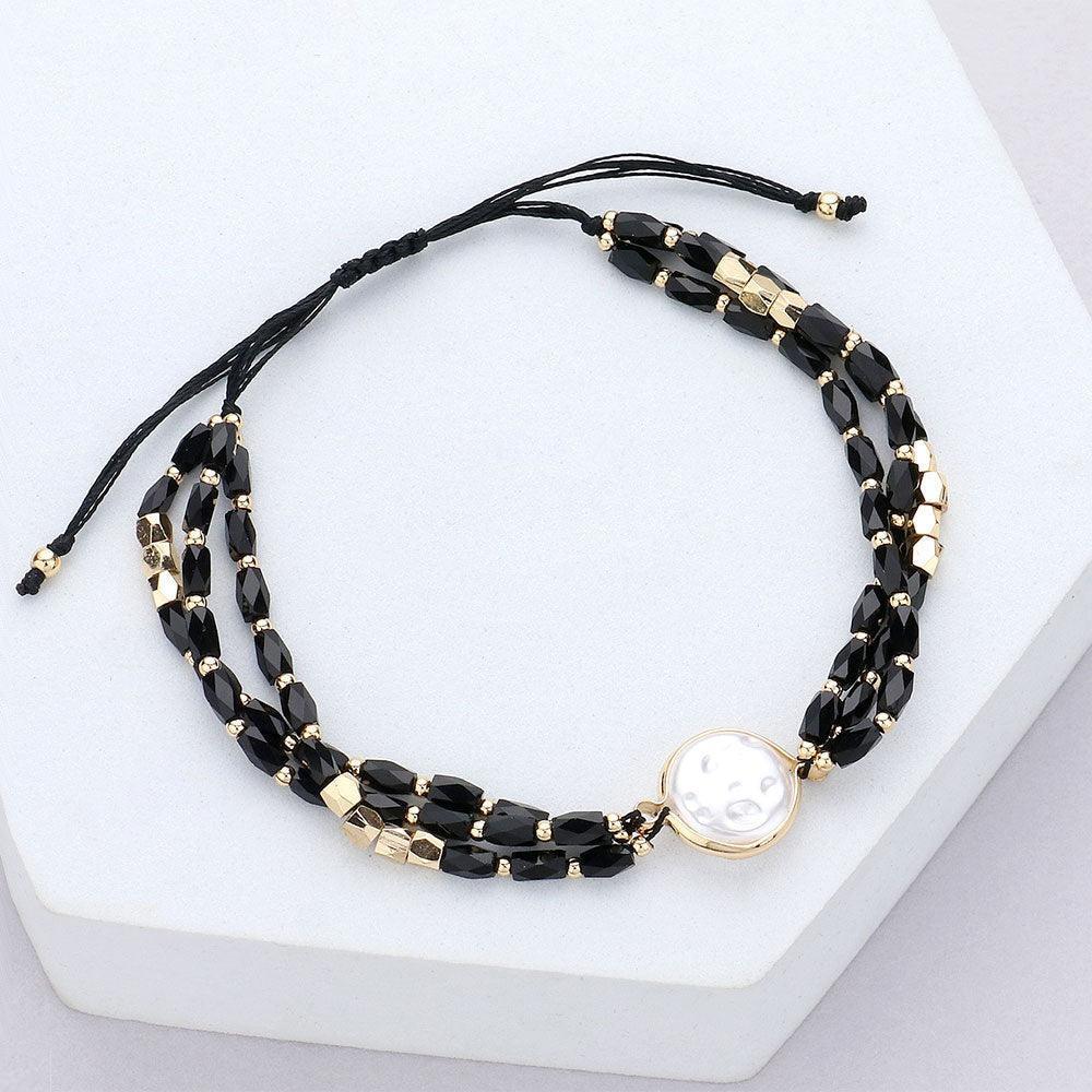 Black Pearl Pointed Faceted Beaded Pull Tie Cinch Bracelet - Jewelry Store by Erik Rayo