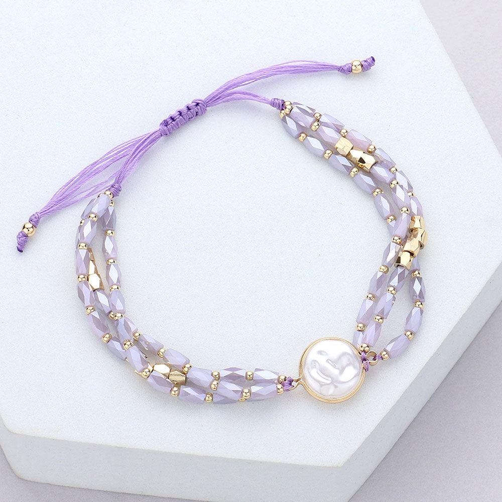 Lavender Pearl Pointed Faceted Beaded Pull Tie Cinch Bracelet