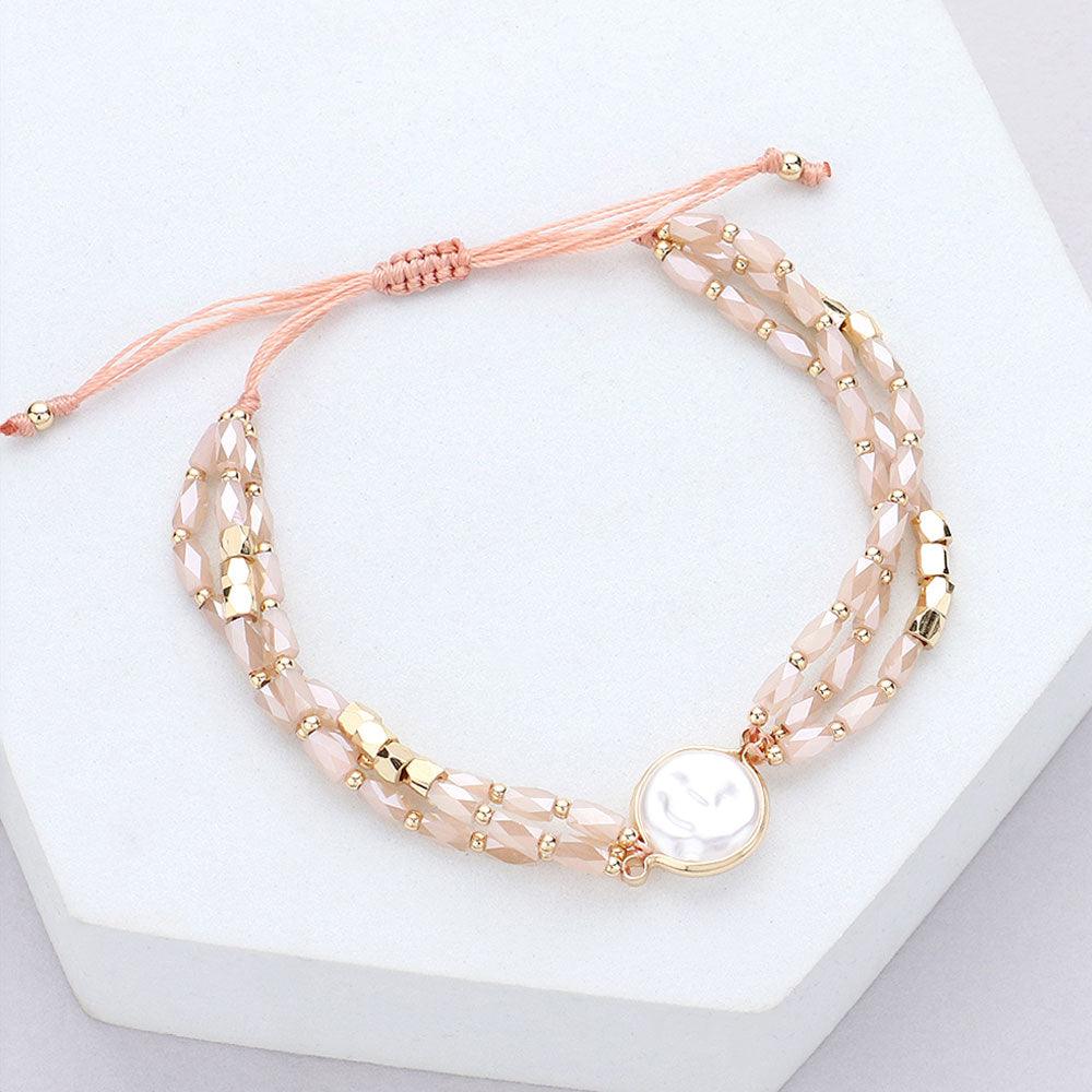 Pink Pearl Pointed Faceted Beaded Pull Tie Cinch Bracelet