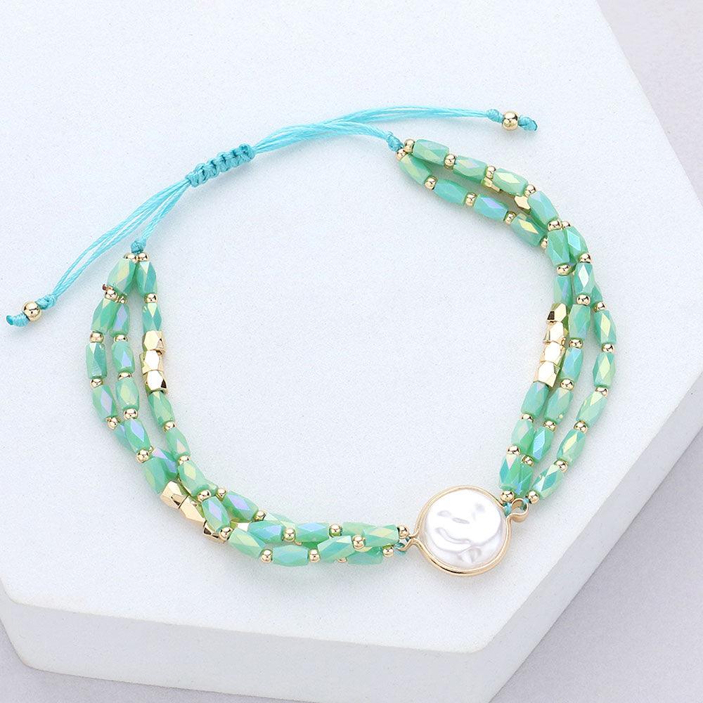 Turquoise Pearl Pointed Faceted Beaded Pull Tie Cinch Bracelet