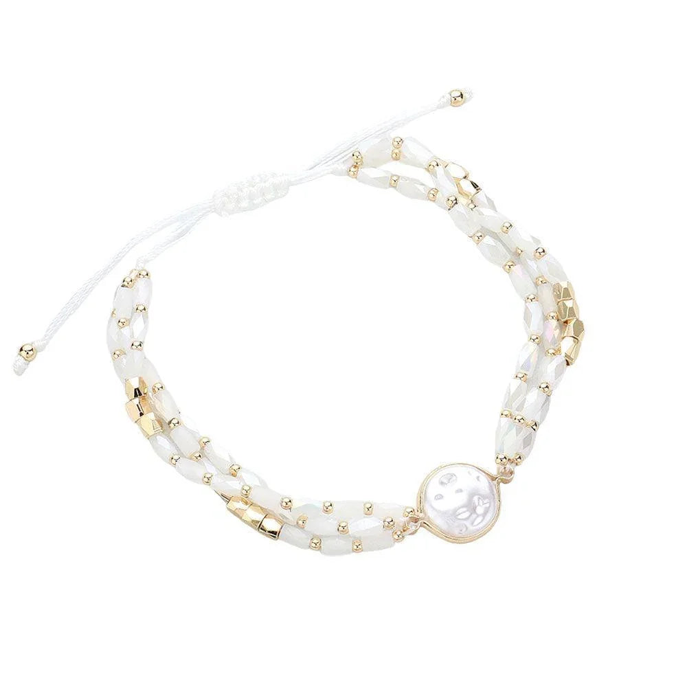 White Pearl Pointed Faceted Beaded Pull Tie Cinch Bracelet - Jewelry Store by Erik Rayo