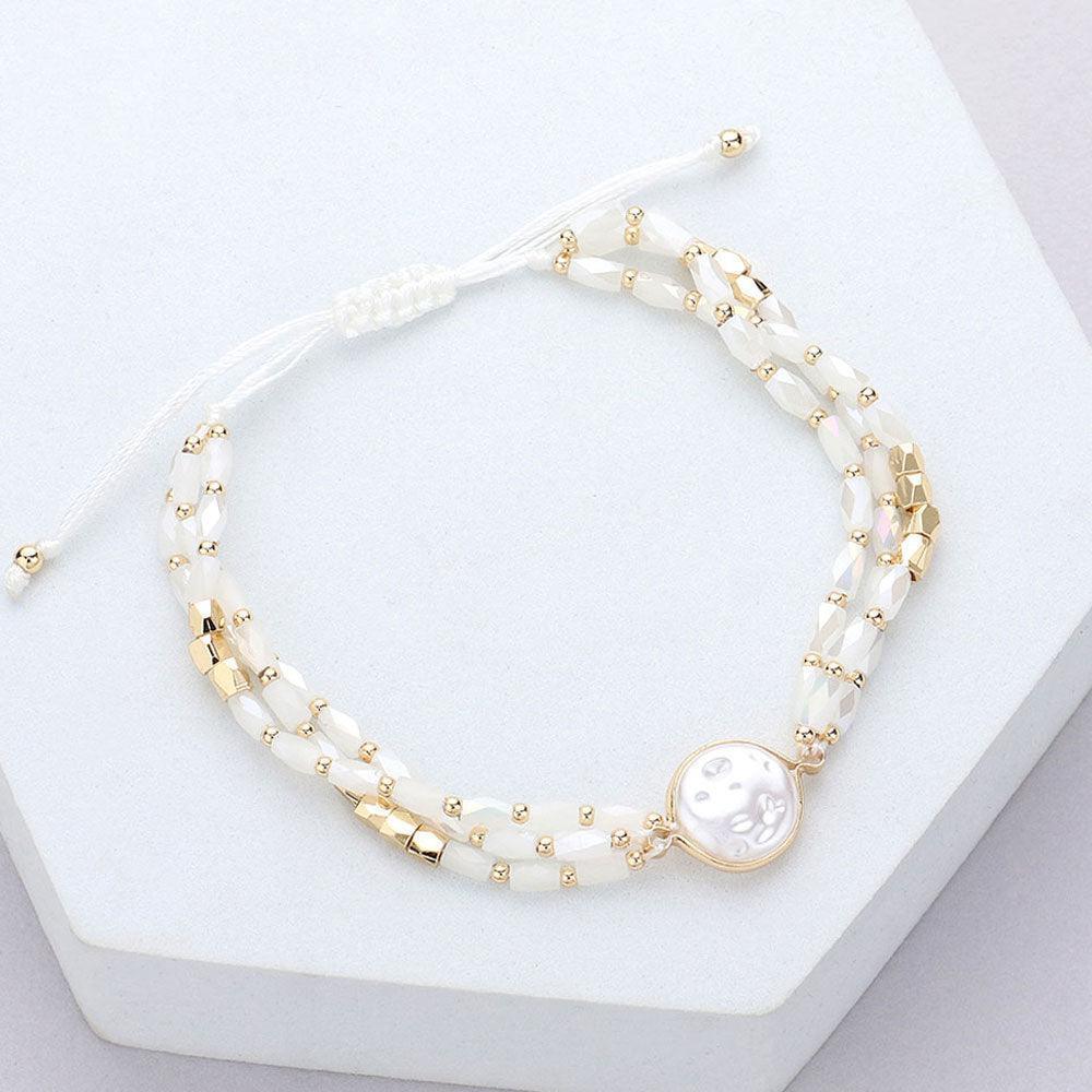 White Pearl Pointed Faceted Beaded Pull Tie Cinch Bracelet - Jewelry Store by Erik Rayo
