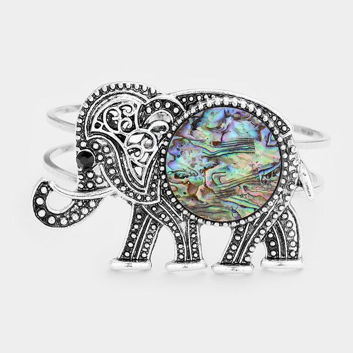 Abalone Accented Embossed Metal Elephant Hinged Bracelet - Jewelry Store by Erik Rayo