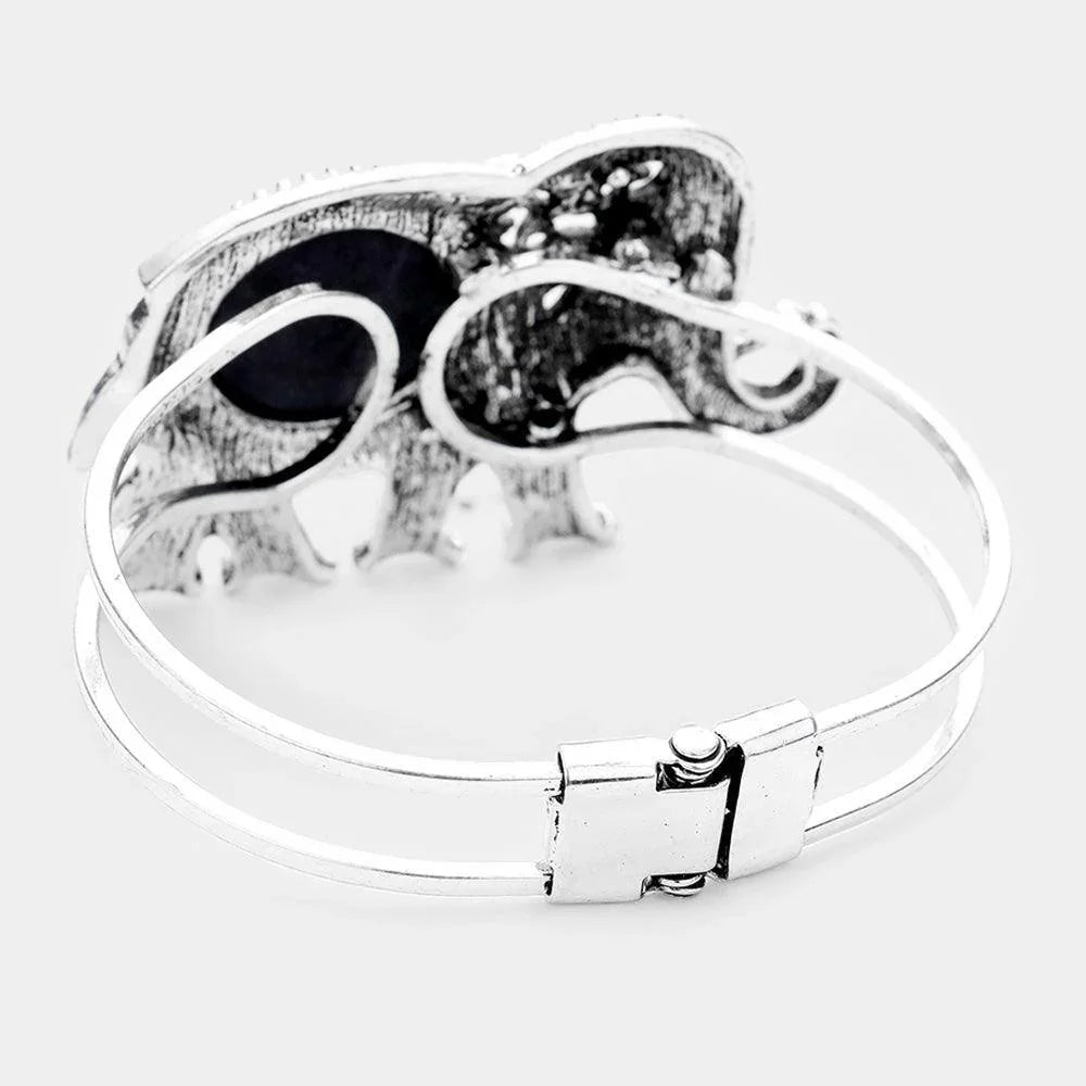 Black Natural Stone Accented Embossed Metal Elephant Hinged Bracelet - Jewelry Store by Erik Rayo