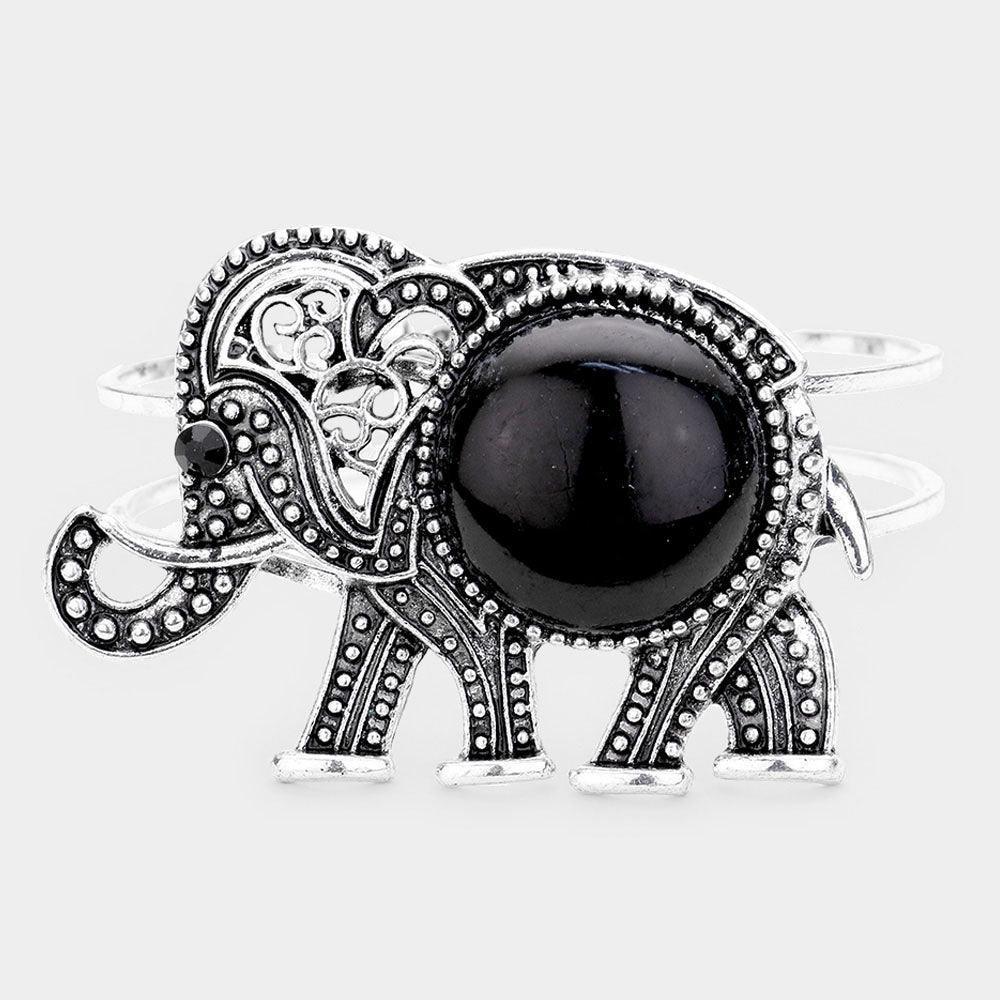 Black Natural Stone Accented Embossed Metal Elephant Hinged Bracelet - Jewelry Store by Erik Rayo