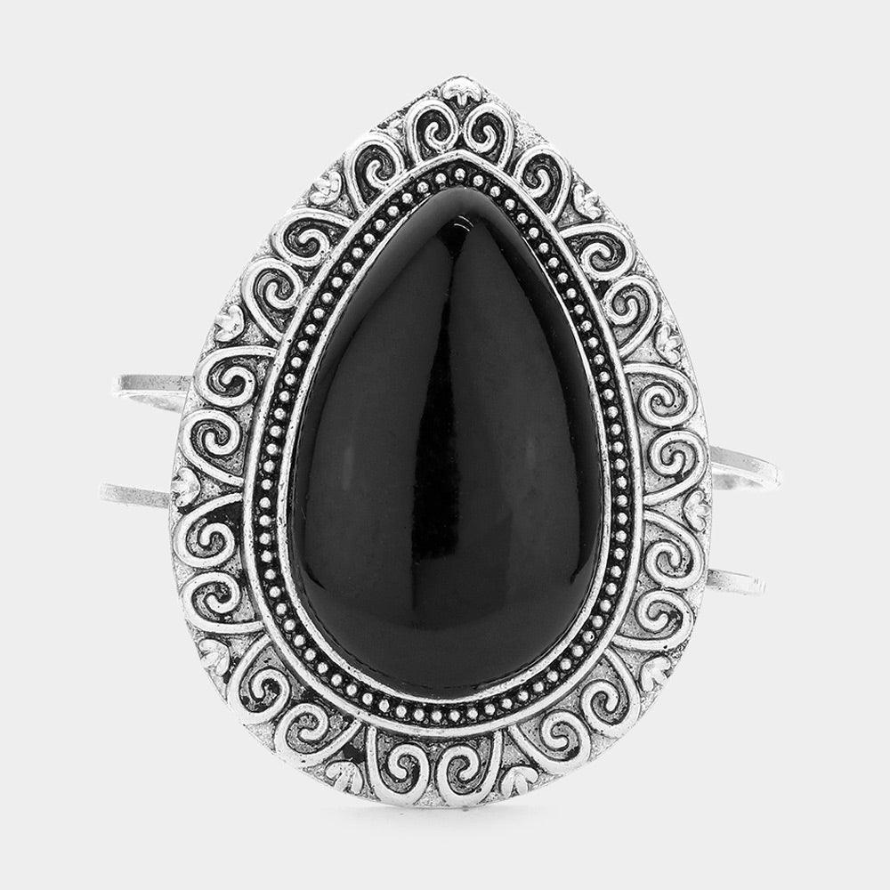 Black Antique Pattern Embossed Metal Onyx Stone Hinged Bracelet - Jewelry Store by Erik Rayo