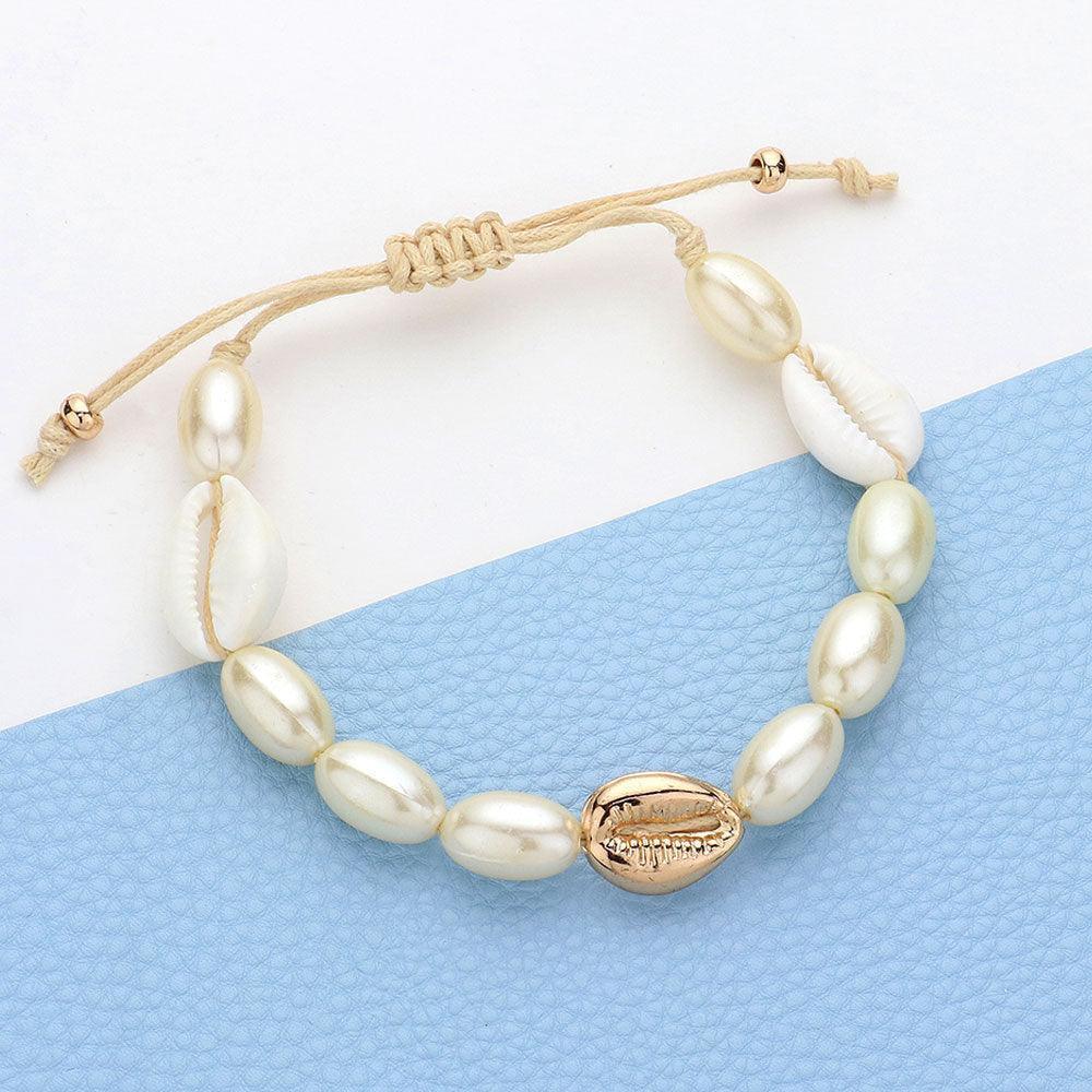 White Puka Shell Pearl Beaded Cinch Pull Tie Bracelet - Jewelry Store by Erik Rayo