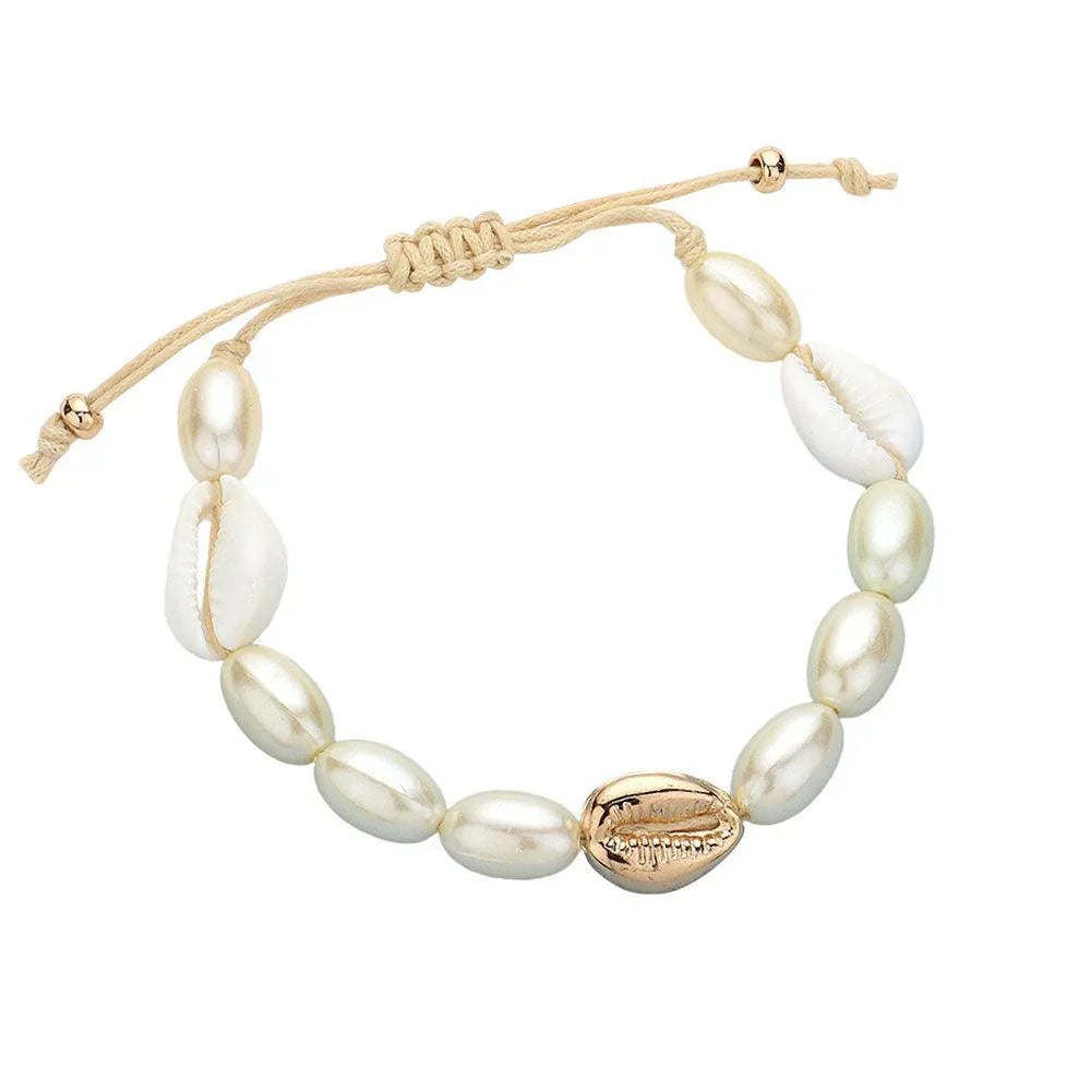 White Puka Shell Pearl Beaded Cinch Pull Tie Bracelet - Jewelry Store by Erik Rayo