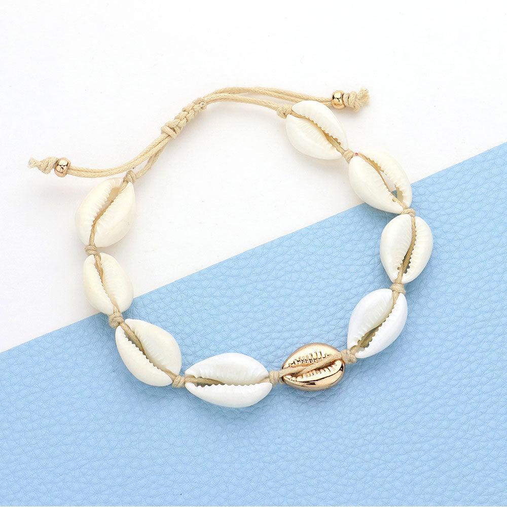 White Puka Shell Beaded Cinch Pull Tie Bracelet