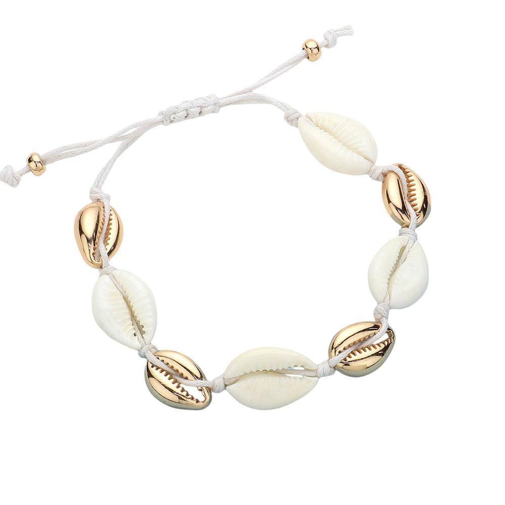 White Puka Shell Metal Beaded Cinch Pull Tie Bracelet - Jewelry Store by Erik Rayo