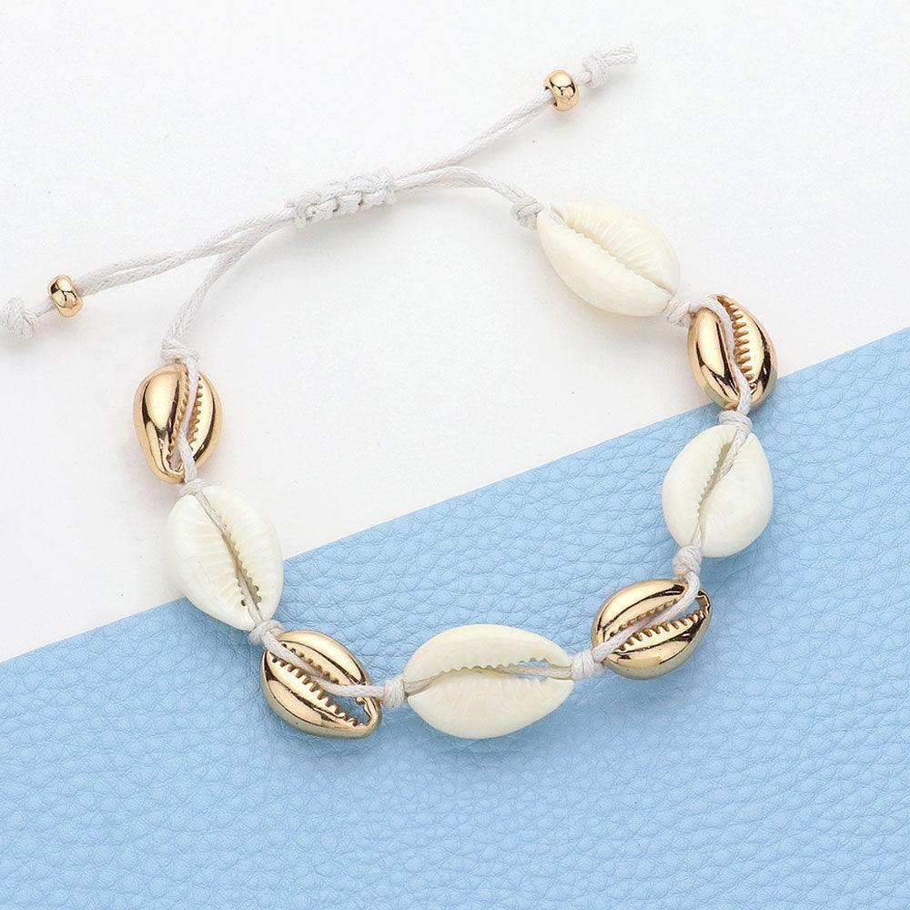 White Puka Shell Metal Beaded Cinch Pull Tie Bracelet - Jewelry Store by Erik Rayo