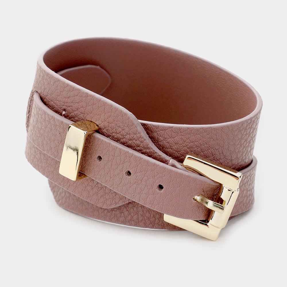 Pink Faux Leather Belt Buckle Wrap Bracelet