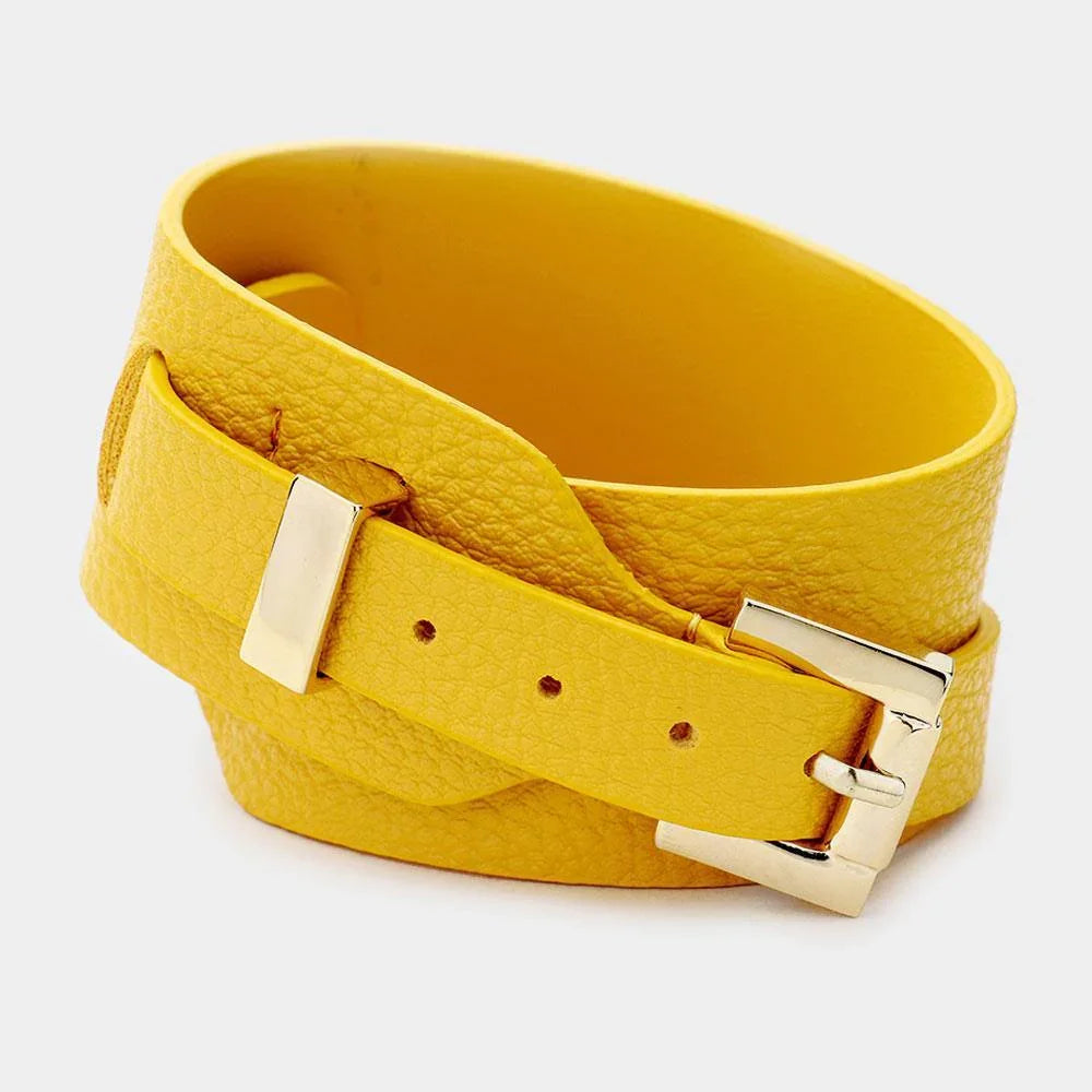 Mustard Faux Leather Belt Buckle Wrap Bracelet - Jewelry Store by Erik Rayo