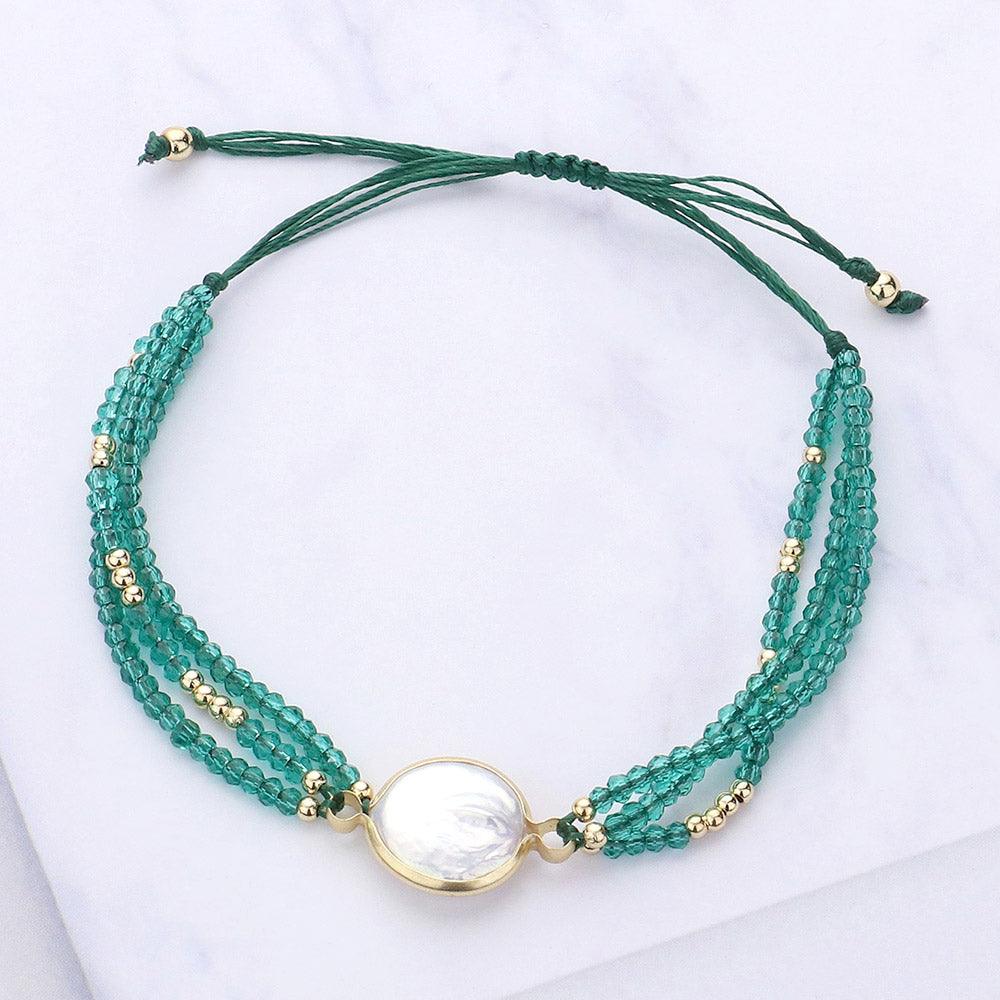 Green Round Pearl Accented Faceted Beaded Pull Tie Cinch Bracelet