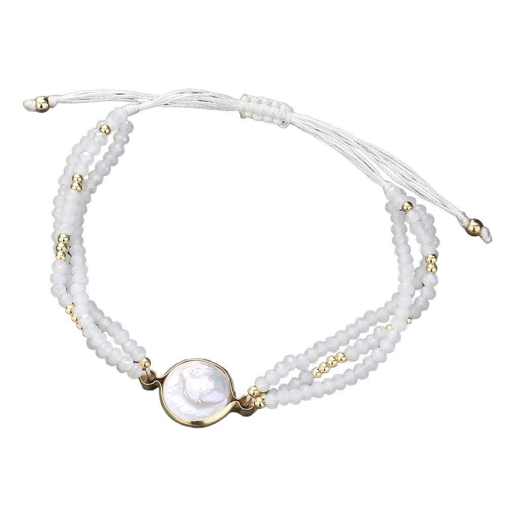 White Round Pearl Accented Faceted Beaded Pull Tie Cinch Bracelet - Jewelry Store by Erik Rayo
