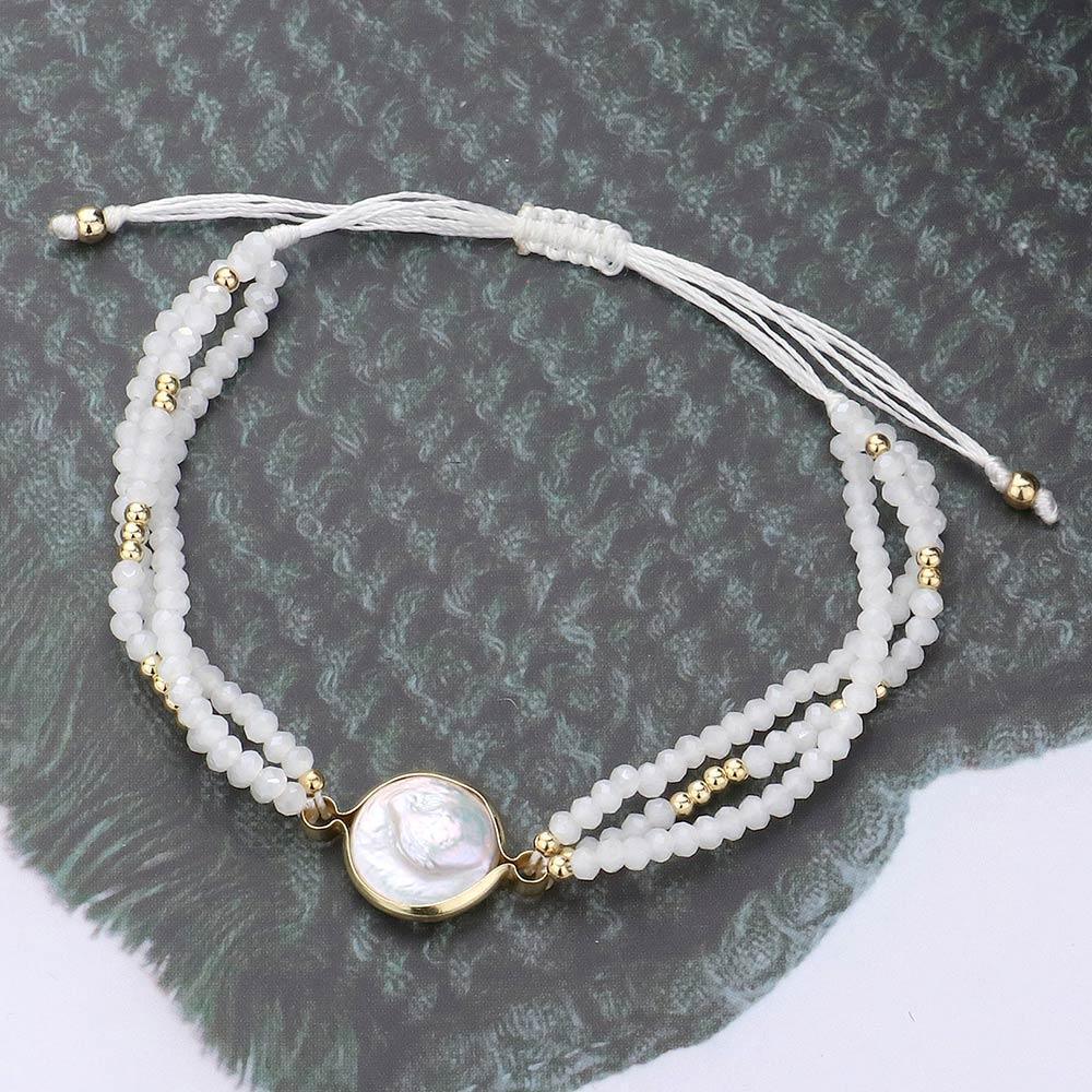White Round Pearl Accented Faceted Beaded Pull Tie Cinch Bracelet - Jewelry Store by Erik Rayo