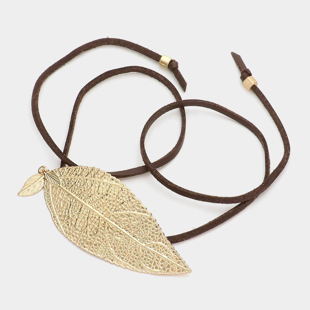 Gold Metal leaf accented faux leather wrap bracelet / choker necklace - Jewelry Store by Erik Rayo