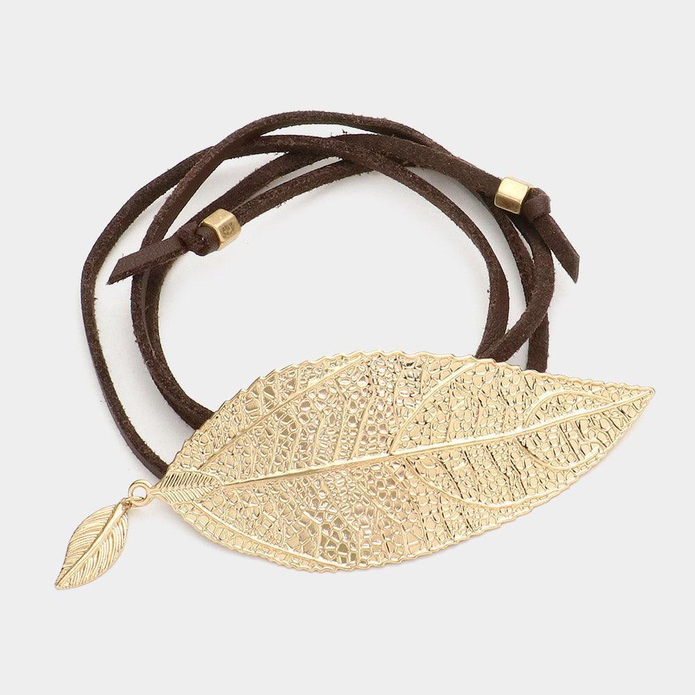 Gold Metal leaf accented faux leather wrap bracelet / choker necklace - Jewelry Store by Erik Rayo